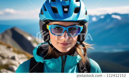 Woman wearing helmet and sunglasses glasses stands confidently before towering mountain backdrop ready for adventure, exploration.She may be gearing up for bicycle ride or some other outdoor activity. 112412152
