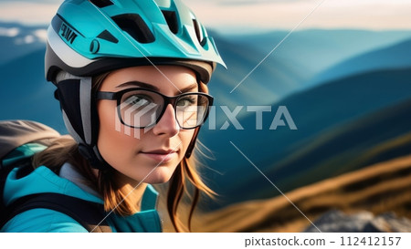 Woman wearing helmet and glasses stands confidently before towering mountain backdrop ready for adventure and exploration.She may be gearing up for bicycle ride or some other outdoor activity. 112412157