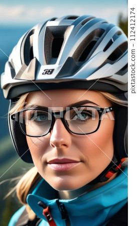 Woman wearing helmet and glasses stands confidently before towering mountain backdrop ready for adventure and exploration.She may be gearing up for bicycle ride or some other outdoor activity. 112412174