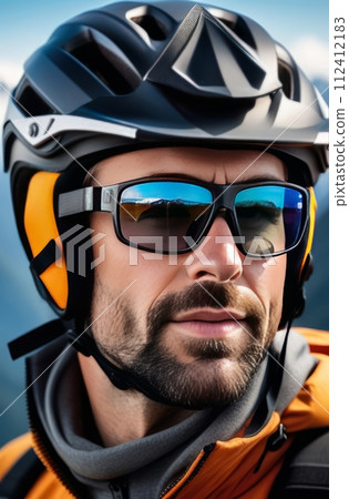Man wearing helmet and sunglasses glasses stands confidently before towering mountain backdrop ready for adventure, exploration. He may be gearing up for bicycle ride, some other outdoor activity. 112412183