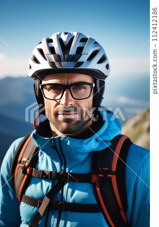 Man wearing helmet and glasses stands confidently before towering mountain backdrop ready for adventure and exploration. He may be gearing up for bicycle ride or some other outdoor activity. Man wearing helmet and glasses stands confidently before towering mountain backdrop ready for adventure and exploration. He may be gearing up for bicycle ride or some other outdoor activity. 112412186
