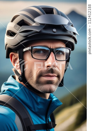 Man wearing helmet and glasses stands confidently before towering mountain backdrop ready for adventure and exploration. He may be gearing up for bicycle ride or some other outdoor activity. Man wearing helmet and glasses stands confidently before towering mountain backdrop ready for adventure and exploration. He may be gearing up for bicycle ride or some other outdoor activity. 112412188