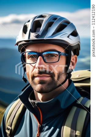 Man wearing helmet and glasses stands confidently before towering mountain backdrop ready for adventure and exploration. He may be gearing up for bicycle ride or some other outdoor activity. Man wearing helmet and glasses stands confidently before towering mountain backdrop ready for adventure and exploration. He may be gearing up for bicycle ride or some other outdoor activity. 112412190
