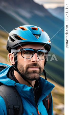 Man wearing helmet and glasses stands confidently before towering mountain backdrop ready for adventure and exploration. He may be gearing up for bicycle ride or some other outdoor activity. Man wearing helmet and glasses stands confidently before towering mountain backdrop ready for adventure and exploration. He may be gearing up for bicycle ride or some other outdoor activity. 112412192