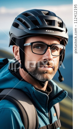 Man wearing helmet and glasses stands confidently before towering mountain backdrop ready for adventure and exploration. He may be gearing up for bicycle ride or some other outdoor activity. Man wearing helmet and glasses stands confidently before towering mountain backdrop ready for adventure and exploration. He may be gearing up for bicycle ride or some other outdoor activity. 112412195