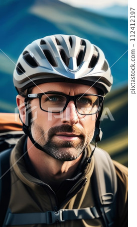 Man wearing helmet and glasses stands confidently before towering mountain backdrop ready for adventure and exploration. He may be gearing up for bicycle ride or some other outdoor activity. Man wearing helmet and glasses stands confidently before towering mountain backdrop ready for adventure and exploration. He may be gearing up for bicycle ride or some other outdoor activity. 112412197