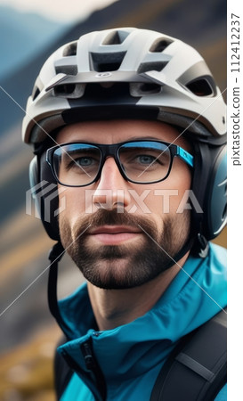 Man wearing helmet and glasses stands confidently before towering mountain backdrop ready for adventure and exploration. He may be gearing up for bicycle ride or some other outdoor activity. 112412237