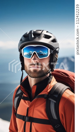 Man wearing helmet and sunglasses glasses stands confidently before towering mountain backdrop ready for adventure, exploration. He may be gearing up for bicycle ride, some other outdoor activity. Man wearing helmet and sunglasses glasses stands confidently before towering mountain backdrop ready for adventure, exploration. He may be gearing up for bicycle ride, some other outdoor activity. 112412239