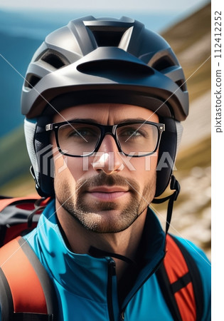 Man wearing helmet and glasses stands confidently before towering mountain backdrop ready for adventure and exploration. He may be gearing up for bicycle ride or some other outdoor activity. 112412252