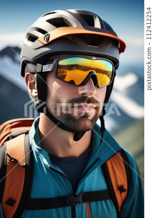 Man wearing helmet and sunglasses glasses stands confidently before towering mountain backdrop ready for adventure, exploration. He may be gearing up for bicycle ride, some other outdoor activity. Man wearing helmet and sunglasses glasses stands confidently before towering mountain backdrop ready for adventure, exploration. He may be gearing up for bicycle ride, some other outdoor activity. 112412254