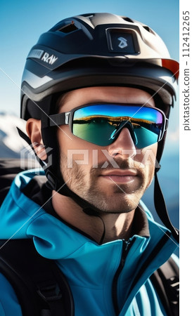 Man wearing helmet and sunglasses glasses stands confidently before towering mountain backdrop ready for adventure, exploration. He may be gearing up for bicycle ride, some other outdoor activity. 112412265