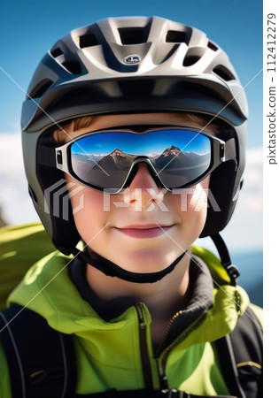 Young boy wearing helmet and sunglasses glasses stands confidently before towering mountain backdrop ready for adventure, exploration. He may be gearing up for bicycle ride, other outdoor activity. Young boy wearing helmet and sunglasses glasses stands confidently before towering mountain backdrop ready for adventure, exploration. He may be gearing up for bicycle ride, other outdoor activity. 112412279
