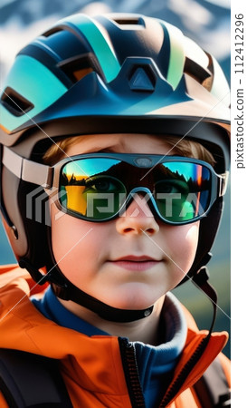 Young boy wearing helmet and sunglasses glasses stands confidently before towering mountain backdrop ready for adventure, exploration. He may be gearing up for bicycle ride, other outdoor activity. Young boy wearing helmet and sunglasses glasses stands confidently before towering mountain backdrop ready for adventure, exploration. He may be gearing up for bicycle ride, other outdoor activity. 112412296
