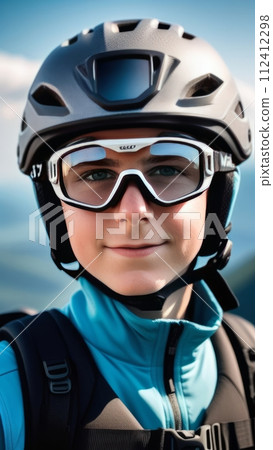 Young boy wearing helmet and sunglasses glasses stands confidently before towering mountain backdrop ready for adventure, exploration. He may be gearing up for bicycle ride, other outdoor activity. Young boy wearing helmet and sunglasses glasses stands confidently before towering mountain backdrop ready for adventure, exploration. He may be gearing up for bicycle ride, other outdoor activity. 112412298
