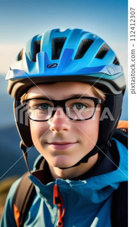 Young boy wearing helmet and glasses stands confidently before towering mountain backdrop ready for adventure and exploration. He may be gearing up for bicycle ride or some other outdoor activity. Young boy wearing helmet and glasses stands confidently before towering mountain backdrop ready for adventure and exploration. He may be gearing up for bicycle ride or some other outdoor activity. 112412307