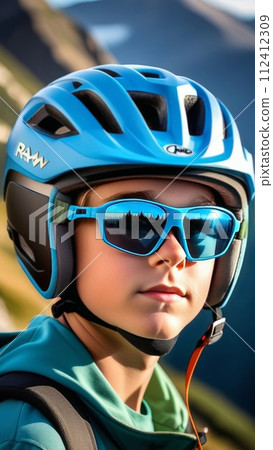 Young boy wearing helmet and sunglasses glasses stands confidently before towering mountain backdrop ready for adventure, exploration. He may be gearing up for bicycle ride, other outdoor activity. Young boy wearing helmet and sunglasses glasses stands confidently before towering mountain backdrop ready for adventure, exploration. He may be gearing up for bicycle ride, other outdoor activity. 112412309