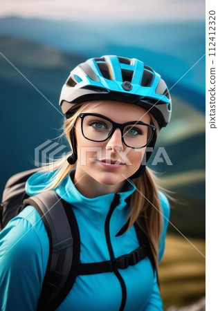 Woman wearing helmet and glasses stands confidently before towering mountain backdrop ready for adventure and exploration.She may be gearing up for bicycle ride or some other outdoor activity. 112412320
