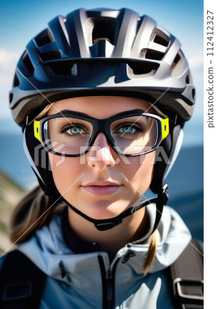 Woman wearing helmet and glasses stands confidently before towering mountain backdrop ready for adventure and exploration.She may be gearing up for bicycle ride or some other outdoor activity. 112412327