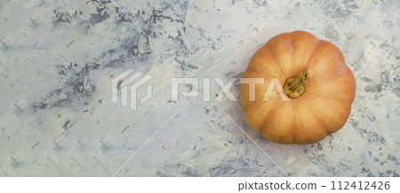 Pumpkin. Autumn pumpkin . Flat lay, top view with copy space . Autumn, fall. Thanksgiving concept. 112412426