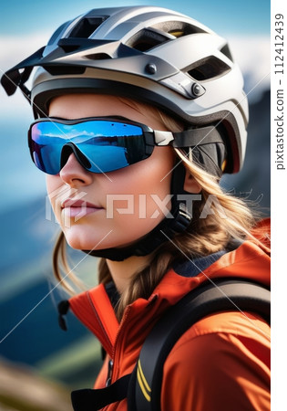 Woman wearing helmet and sunglasses glasses stands confidently before towering mountain backdrop ready for adventure, exploration.She may be gearing up for bicycle ride or some other outdoor activity. Woman wearing helmet and sunglasses glasses stands confidently before towering mountain backdrop ready for adventure, exploration.She may be gearing up for bicycle ride or some other outdoor activity. 112412439