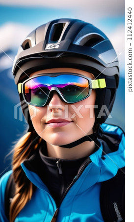 Woman wearing helmet and sunglasses glasses stands confidently before towering mountain backdrop ready for adventure, exploration.She may be gearing up for bicycle ride or some other outdoor activity. Woman wearing helmet and sunglasses glasses stands confidently before towering mountain backdrop ready for adventure, exploration.She may be gearing up for bicycle ride or some other outdoor activity. 112412440