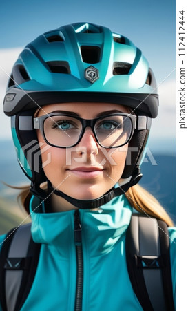 Woman wearing helmet and glasses stands confidently before towering mountain backdrop ready for adventure and exploration.She may be gearing up for bicycle ride or some other outdoor activity. 112412444