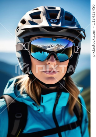 Woman wearing helmet and sunglasses glasses stands confidently before towering mountain backdrop ready for adventure, exploration.She may be gearing up for bicycle ride or some other outdoor activity. 112412450