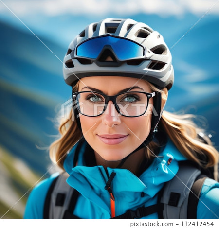 Woman wearing helmet and glasses stands confidently before towering mountain backdrop ready for adventure and exploration.She may be gearing up for bicycle ride or some other outdoor activity. 112412454