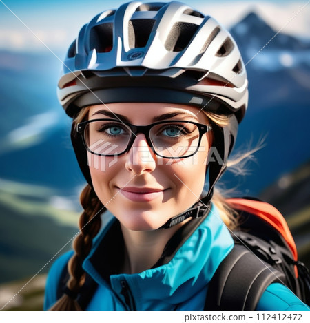 Woman wearing helmet and glasses stands confidently before towering mountain backdrop ready for adventure and exploration.She may be gearing up for bicycle ride or some other outdoor activity. 112412472