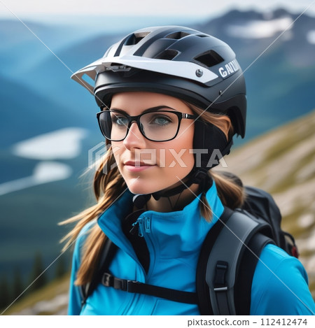Woman wearing helmet and glasses stands confidently before towering mountain backdrop ready for adventure and exploration.She may be gearing up for bicycle ride or some other outdoor activity. Woman wearing helmet and glasses stands confidently before towering mountain backdrop ready for adventure and exploration.She may be gearing up for bicycle ride or some other outdoor activity. 112412474