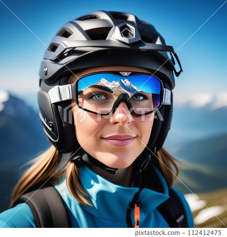 Woman wearing helmet and sunglasses glasses stands confidently before towering mountain backdrop ready for adventure, exploration.She may be gearing up for bicycle ride or some other outdoor activity. Woman wearing helmet and sunglasses glasses stands confidently before towering mountain backdrop ready for adventure, exploration.She may be gearing up for bicycle ride or some other outdoor activity. 112412475