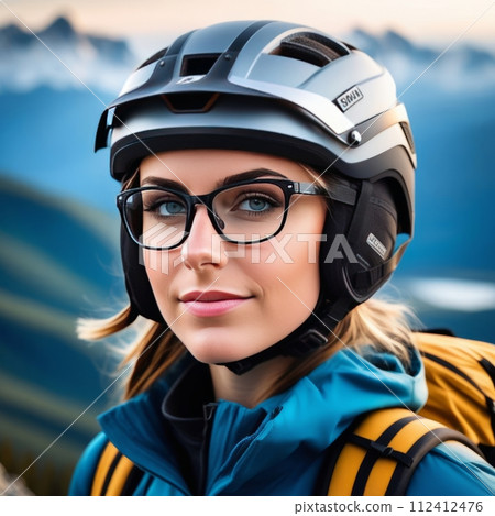 Woman wearing helmet and glasses stands confidently before towering mountain backdrop ready for adventure and exploration.She may be gearing up for bicycle ride or some other outdoor activity. 112412476