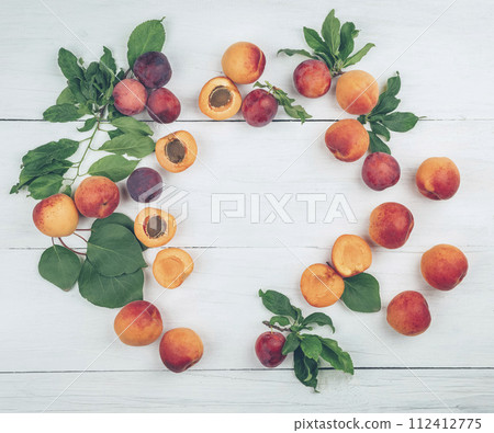 Fresh Flat lay. Top view.apricots. healthy fruit .Organic fruits. Healthy food. Ripe apricots.  112412775