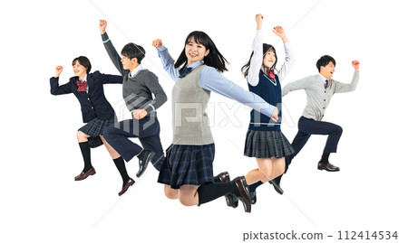 A group of junior high and high school students jumping - Full body photo PNG with a transparent background precisely cut out by hand 112414534
