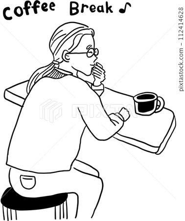Line drawing illustration of a woman drinking coffee at a cafe Line drawing illustration of a woman drinking coffee at a cafe 112414628