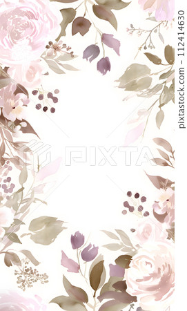 AI-generated content. A symmetrical floral frame featuring pink roses and purple flowers on a white background. The pattern includes petals, blossoms, and flowering plants, making it a beautiful AI-generated content. A symmetrical floral frame featuring pink roses and purple flowers on a white background. The pattern includes petals, blossoms, and flowering plants, making it a beautiful 112414630