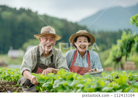 Seniors doing farm work together AI image Seniors doing farm work together AI image 112415104