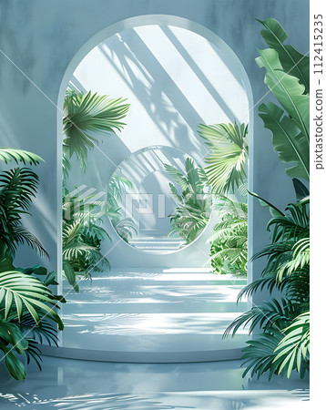 AI-generated content. In the center of the room is a mirror reflecting the surrounding natural landscape filled with various plants such as Arecales, grass, and leafy vegetation 112415235