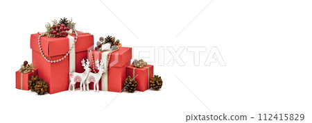 Gift box. Red gift or surprise box. red present box decoration design element. Festive banner . 112415829