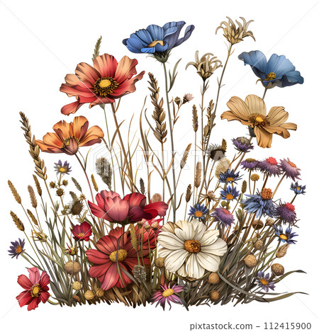 AI-generated content. A variety of colorful flowers bloom amidst the green grass on a clean white background, creating a vibrant and natural scene perfect for flower arranging or artistic painting 112415900