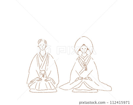 Bride and groom in Japanese clothing (cotton hats) sitting straight on a cushion and facing forward, line drawing 112415971