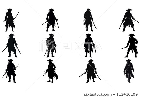Pirate Poses Vector Silhouette, Pirate in action with sword, pirate silhouettes, Pirate Poses Vector Silhouette, Pirate in action with sword, pirate silhouettes, 112416109