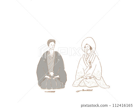 穿著日式服裝的新娘和新郎坐在墊子上微笑地看著對方（棉帽） 112416165