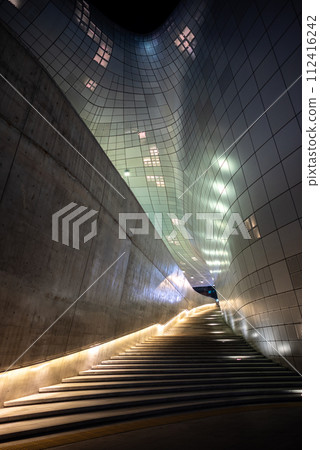 Dongdaemun Design Plaza landmark in Seoul, South Korea, futuristic building designed by architect Zaha Hadid Dongdaemun Design Plaza landmark in Seoul, South Korea, futuristic building designed by architect Zaha Hadid 112416242