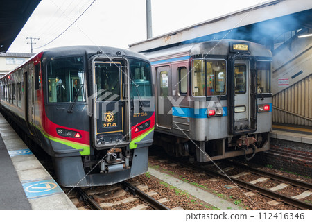 Limited express Uzushio and local diesel train waiting to depart 112416346