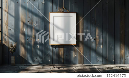 AI-generated content. A picture frame hangs on a wooden wall within a room in a building, showcasing art against the brick facade. The contrast of wood, brickwork, and metal adds character to the city AI-generated content. A picture frame hangs on a wooden wall within a room in a building, showcasing art against the brick facade. The contrast of wood, brickwork, and metal adds character to the city 112416375