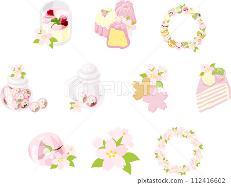 Icons of cute and delicious cherry blossom sweets such as candies, cookies, mille crepes, and jelly. 112416602