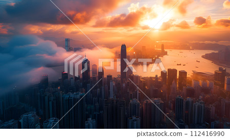 Golden Dawn Elevation: Sunrise Majesty Over Hong Kong Skyline Golden Dawn Elevation: Sunrise Majesty Over Hong Kong Skyline 112416990