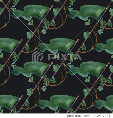 Seamless pattern with symbols of Ireland. Wrapping paper for St. Patrick's Day. Watercolor in vintage style on a black background. 112417281