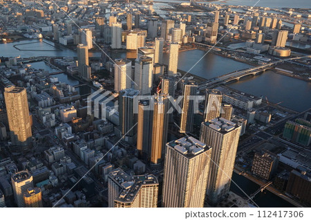 Aerial view of tower apartments in the bay area, sunset 112417306